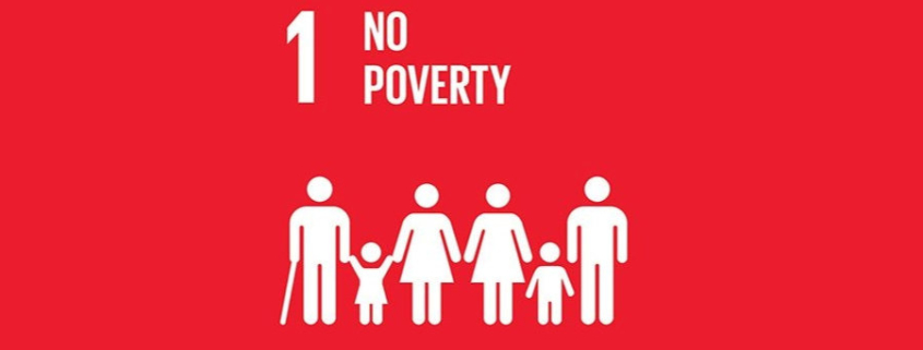 SDG # 1: No Poverty with the drawn image of a family in white on a red background