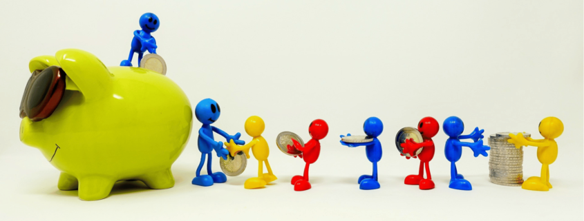 Multi coloured stick people fill a piggy bank