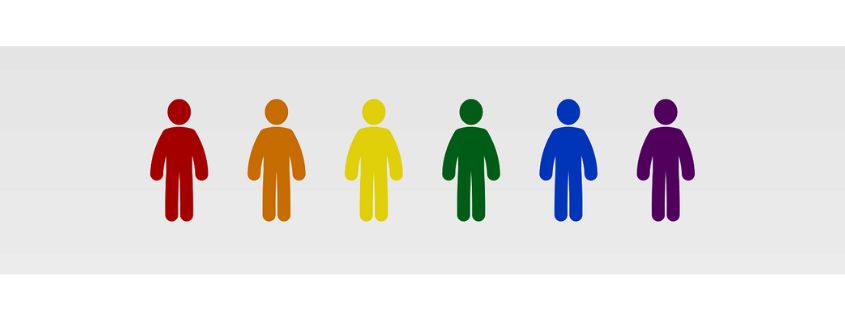 Images of people in red orange, orange, yellow, green, blue and purple