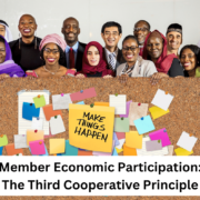 Member Economic Participation Credit union members behind a sign promoting Member Economic Participation
