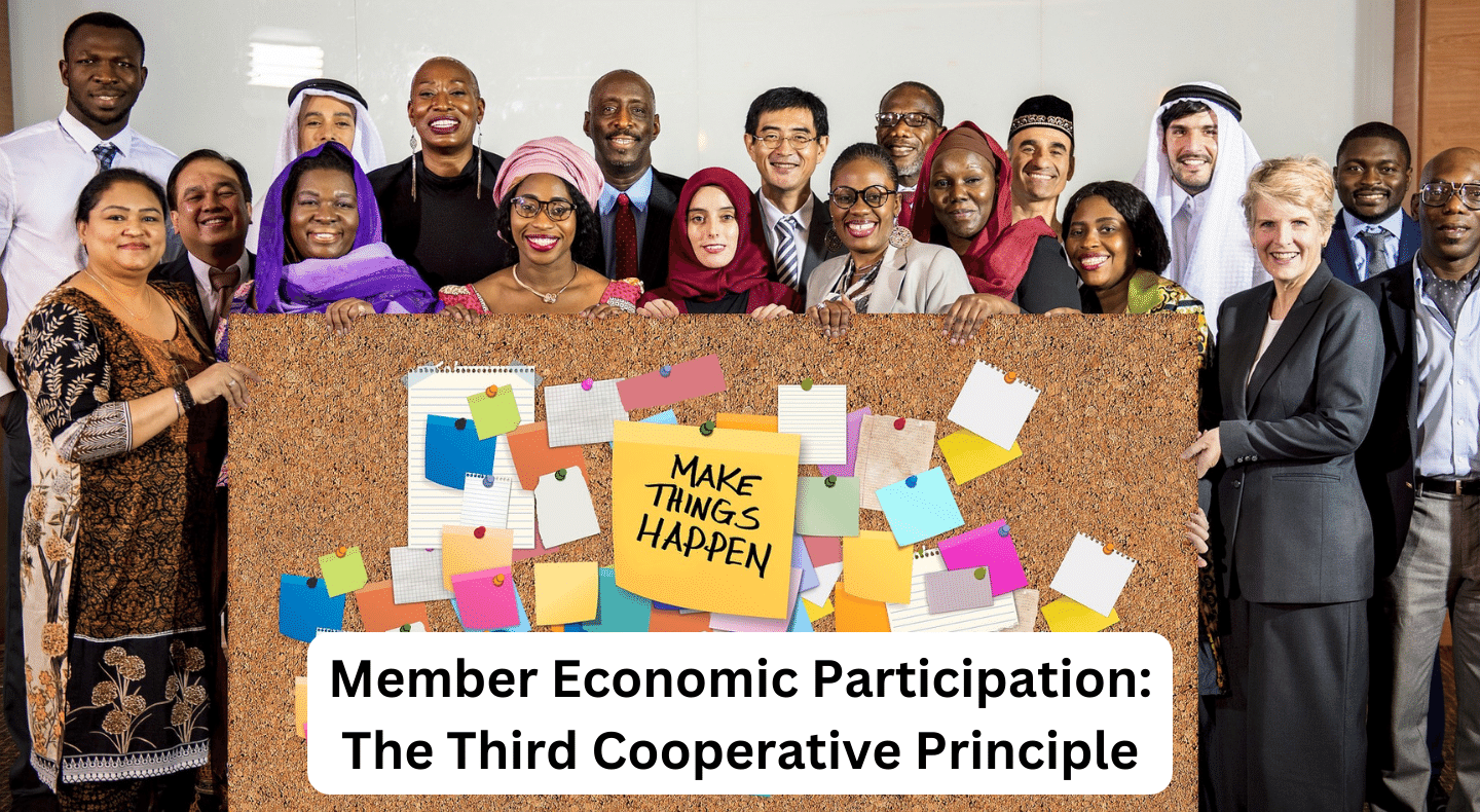 Member Economic Participation Credit union members behind a sign promoting Member Economic Participation