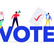 logo-vote-2022 Drawn image of people with signs around the word Vote